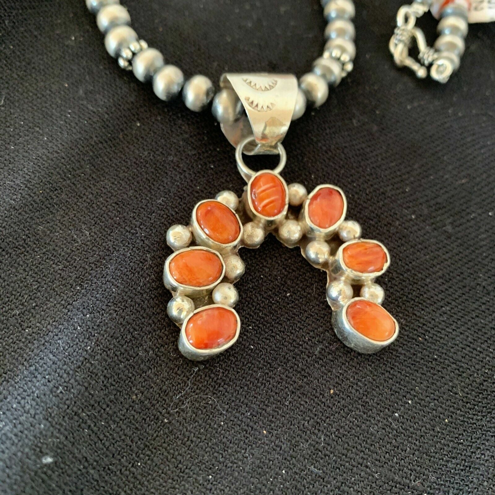 Spiny Oyster Cluster Naja Pendant Navajo Pearls Sterling Silver Necklace 00283