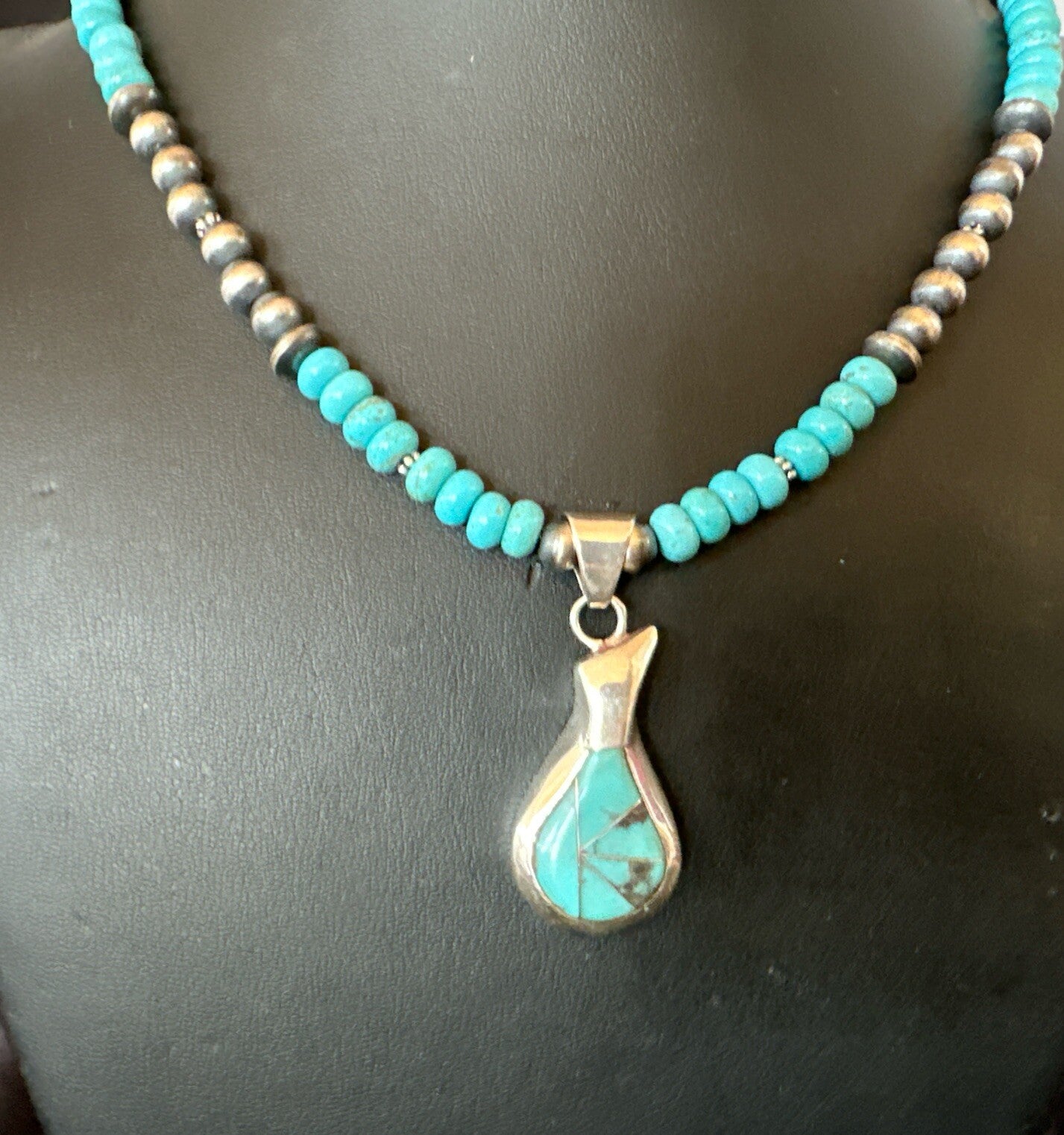 Pottery Blue Kingman Turquoise Pendant Navajo Sterling Silver Necklace 21" 18379