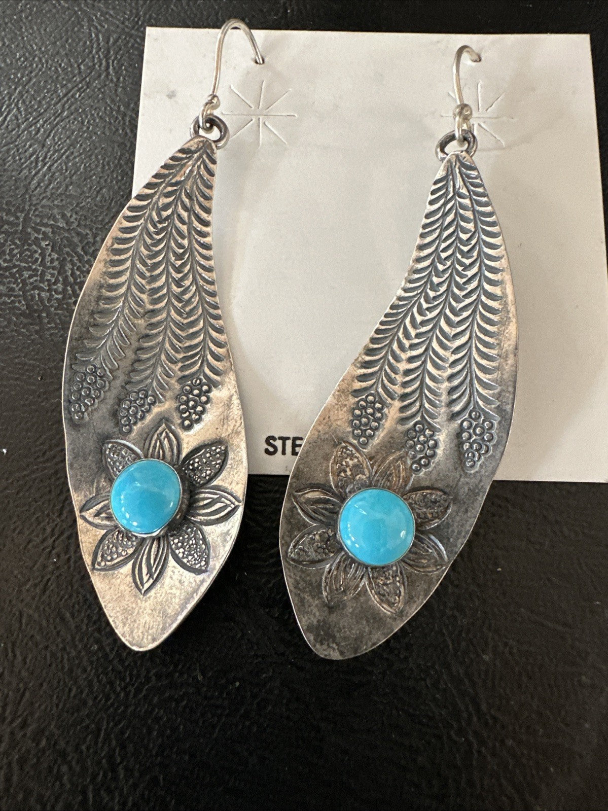 Womens Stamped Blue Turquoise Dangle Earrings Feather Sterling Silver 19785