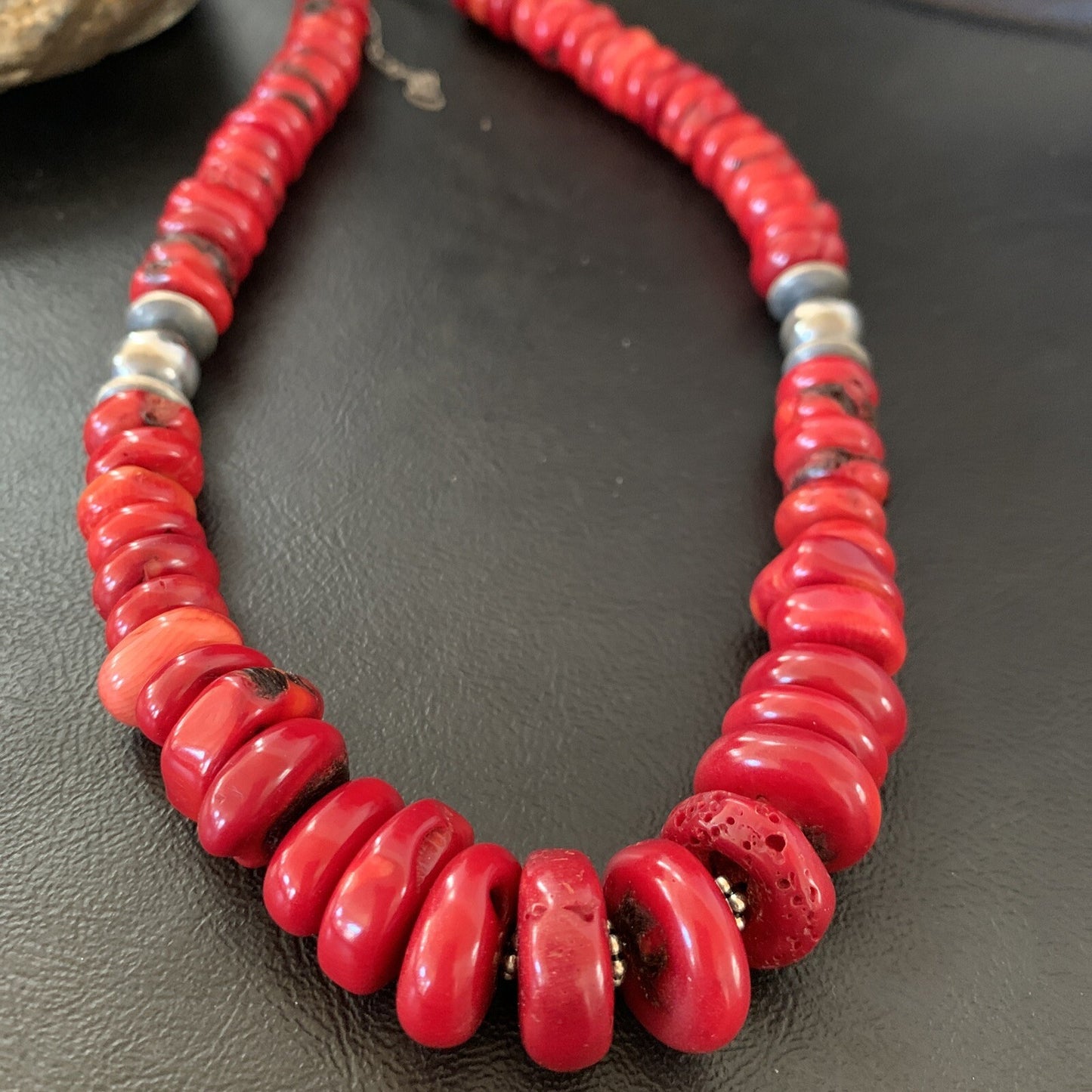 Native Navajo Graduated Red Coral Sterling Silver Bead 18" Necklace 11559