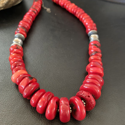 Native Navajo Graduated Red Coral Sterling Silver Bead 18" Necklace 11559