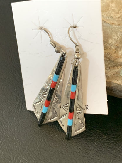 Turquoise & Coral Inlay Navajo Sterling Silver Earrings 1.5" 01710