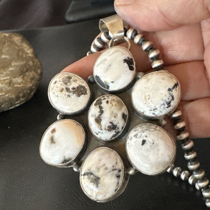 White Buffalo Turquoise Cluster Pendant Navajo Sterling Silver Necklace 19270