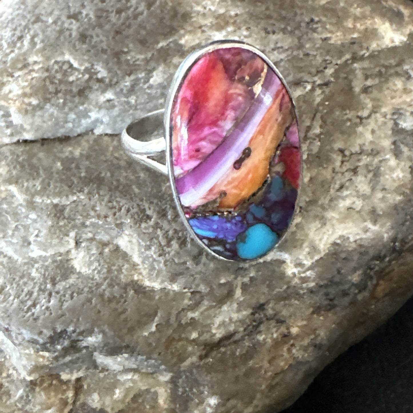 Blue Turquoise Spiny Oyster Southwestern Sterling Silver Ring Size 8 18479