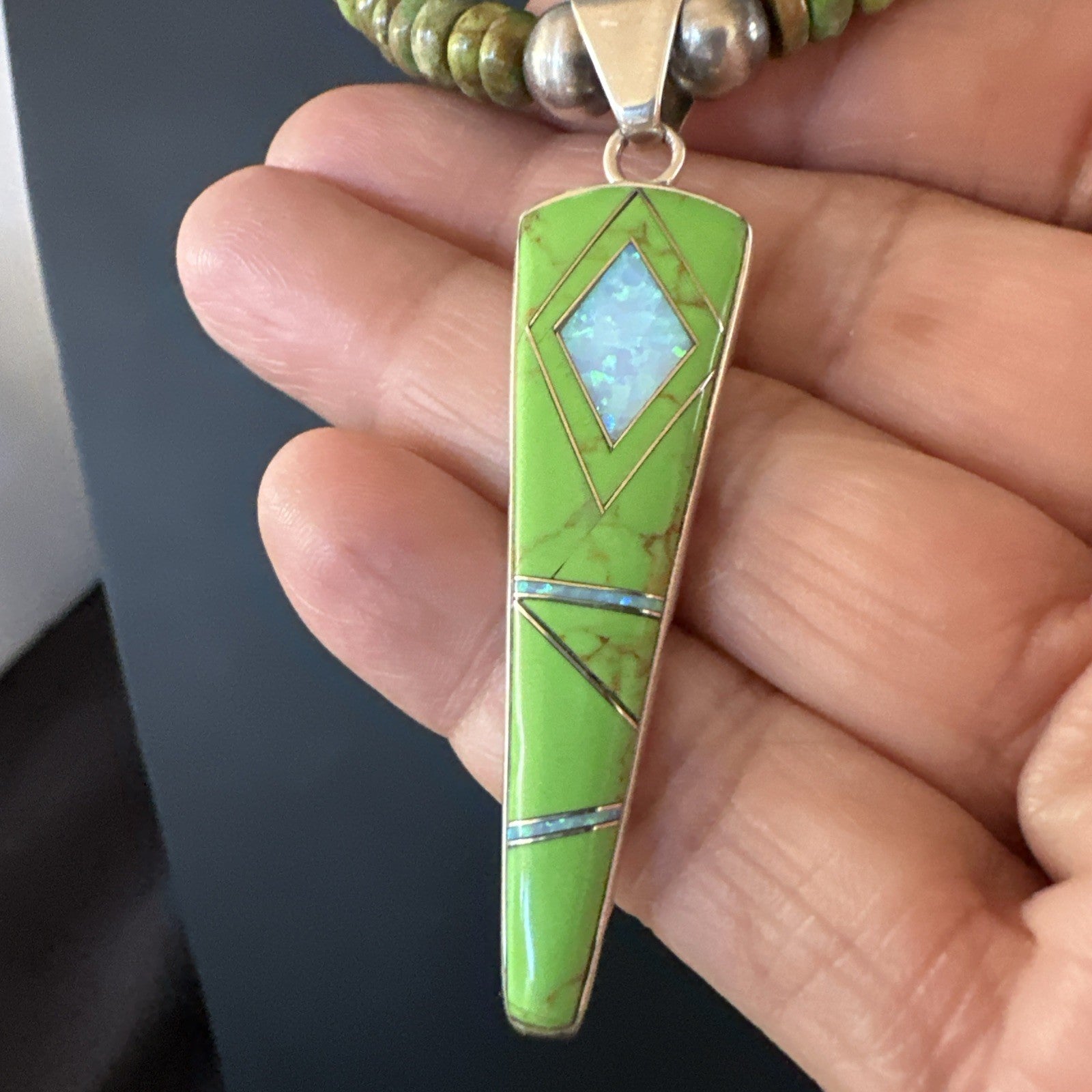 Womens Green Gaspeite Turquoise Opal Pendant Sterling Silver Necklace 19547