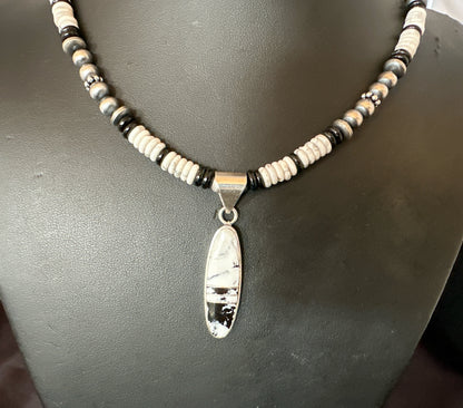 White Buffalo Turquoise Navajo Pearls Sterling Silver Onyx Necklace 17804