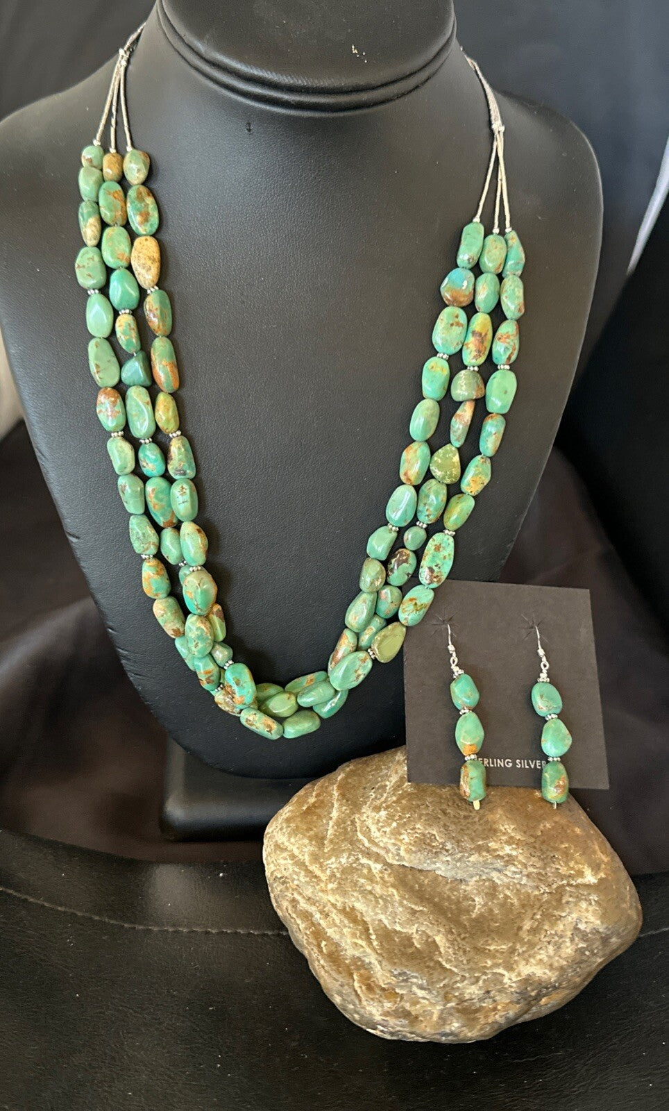Green Turquoise Heishi 3S Navajo Sterling Silver 22" Necklace Earrings 18568