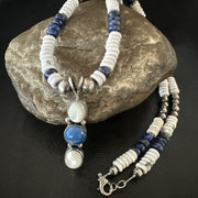 Blue Lapis White MOP Howlite Pendant Navajo Necklace | Sterling Silver | Authentic Native American Handmade | 19656