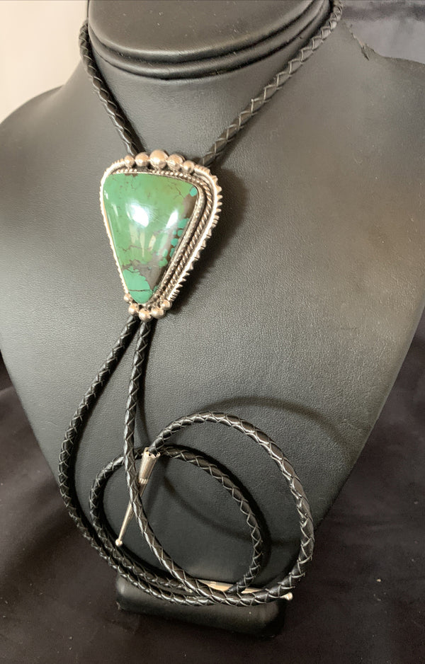 Men's Green Spider Web Turquoise Navajo Bolo Tie | Sterling Silver | Authentic Native American Handmade | 12904
