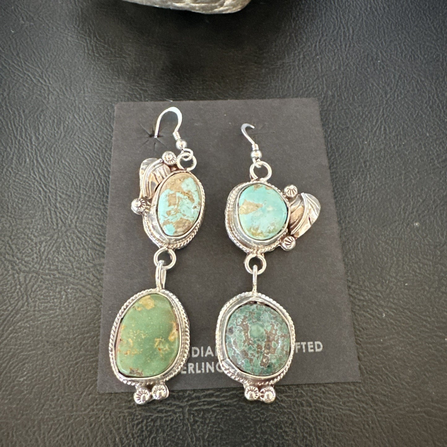 Green Royston Turquoise Navajo Sterling Silver Dangle Earrings 19602