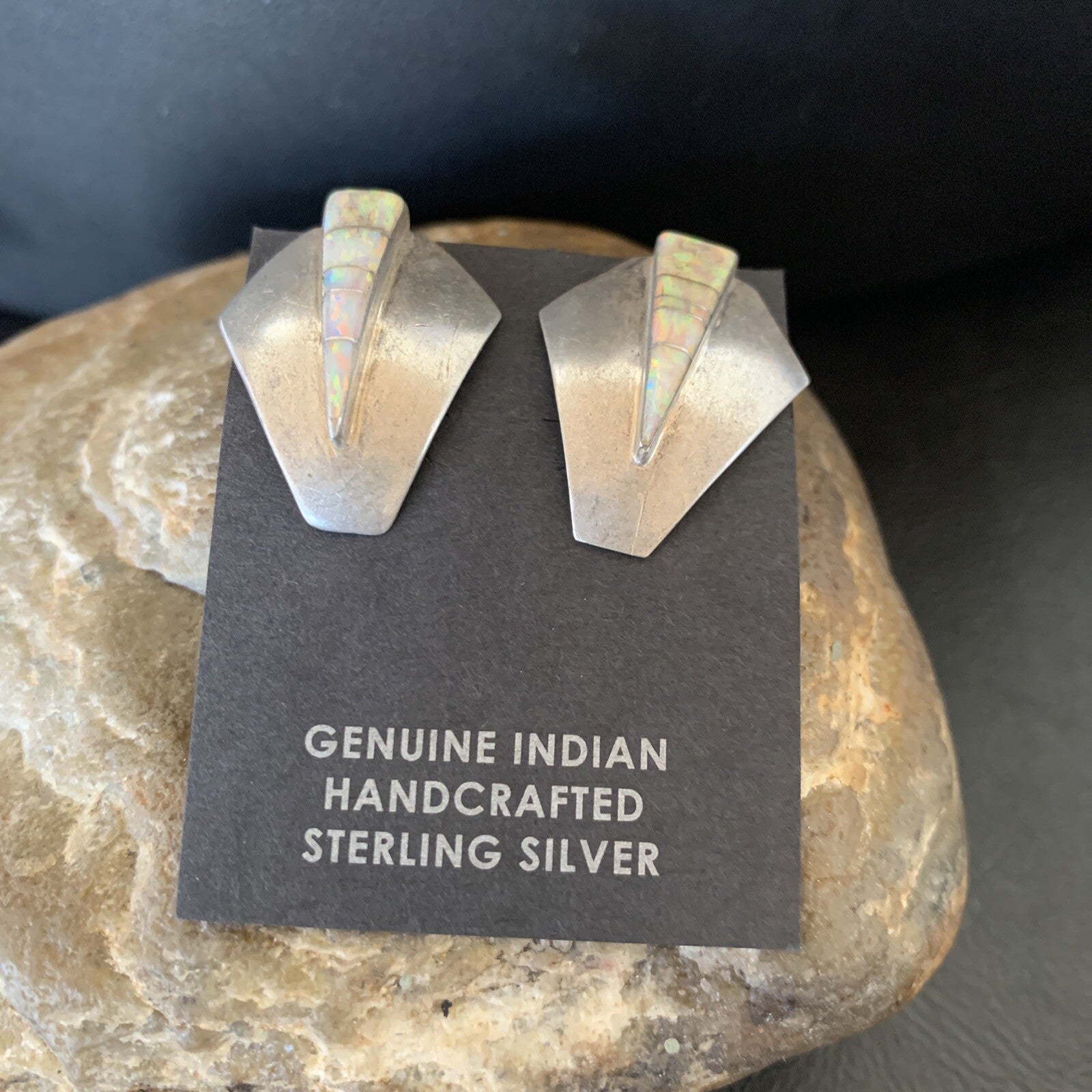 Womens White Opal Inlay Navajo Sterling Silver Dangle Post Earrings 0.5" 12766