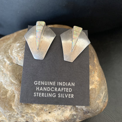 Womens White Opal Inlay Navajo Sterling Silver Dangle Post Earrings 0.5" 12766
