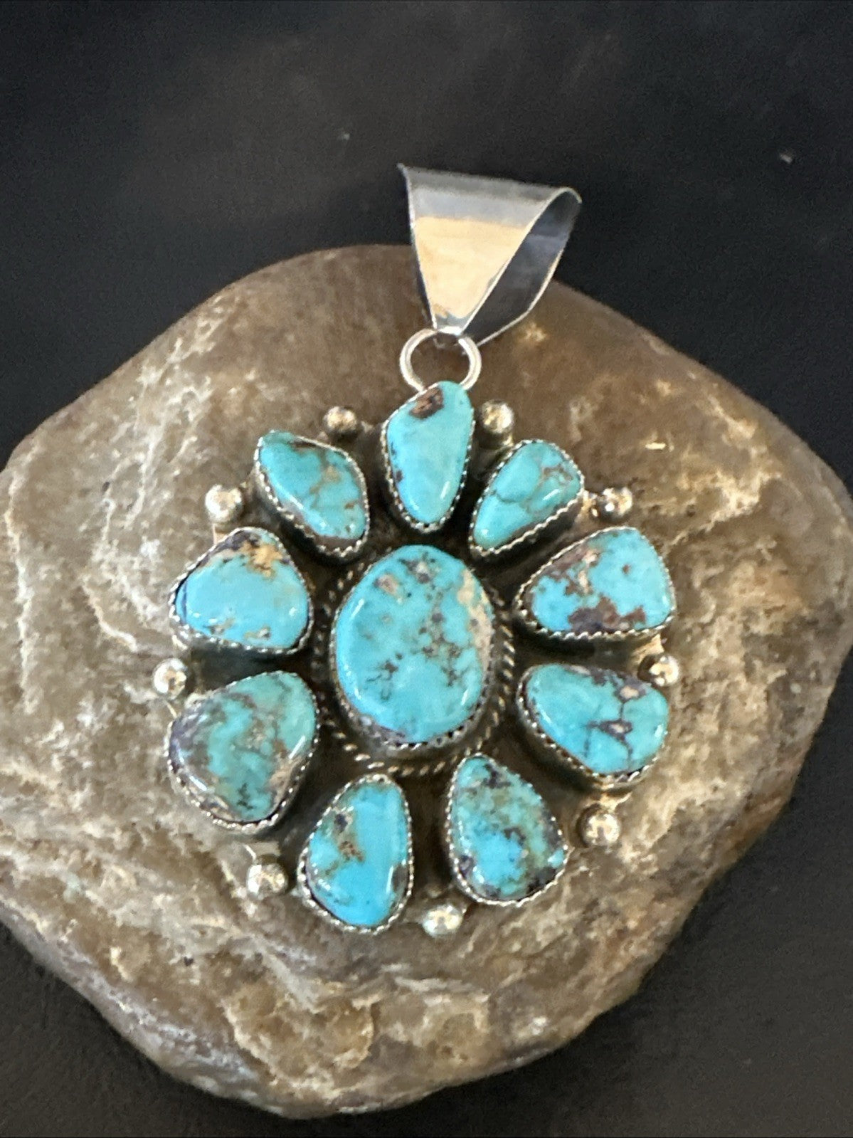 New Cluster  Blue Turquoise Navajo Sterling Silver Pendant 2.75” 19118