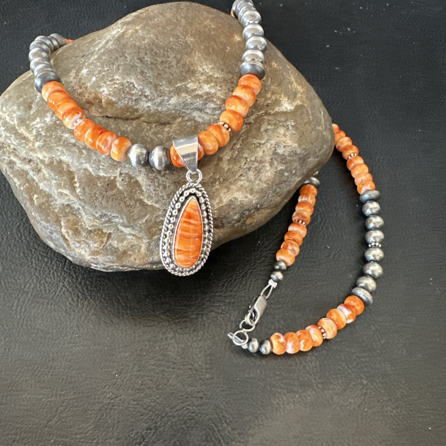 Orange Spiny Oyster Navajo Pearls Sterling Silver Necklace Pendant 18678