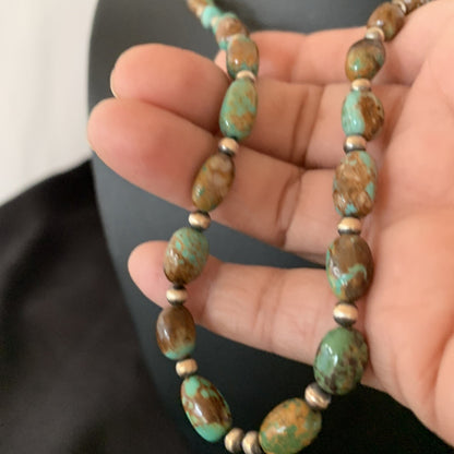 Green Royston Turquoise Bead Navajo Sterling Silver Beads Necklace 11465