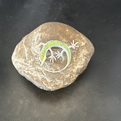 Green Gaspeite Opal Navajo Gecko Sterling Silver Inlay Lizard Pin Pendant 18598