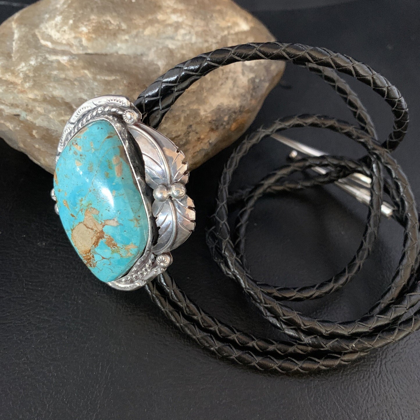 Native Mens Bolo Tie Blue Royston Turquoise Sterling Silver Navajo 14111N