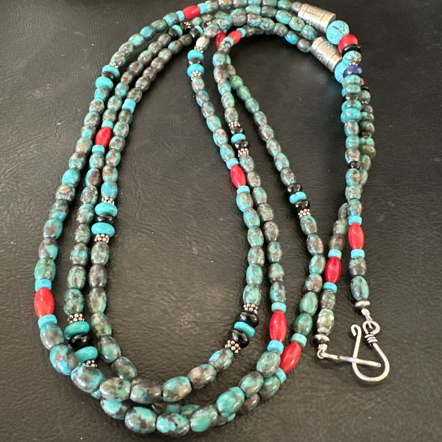 Mens Blue Spiderweb Turquoise Tube 3S Navajo Sterling Silver Necklace 30” 17886