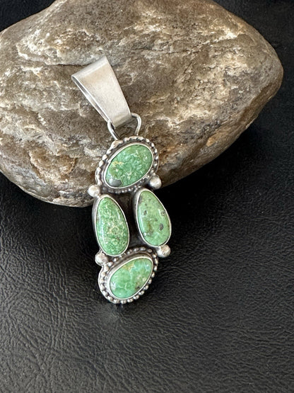 Green Sonoran Gold Turquoise Navajo Sterling Silver 925 Cluster Pendant 19401