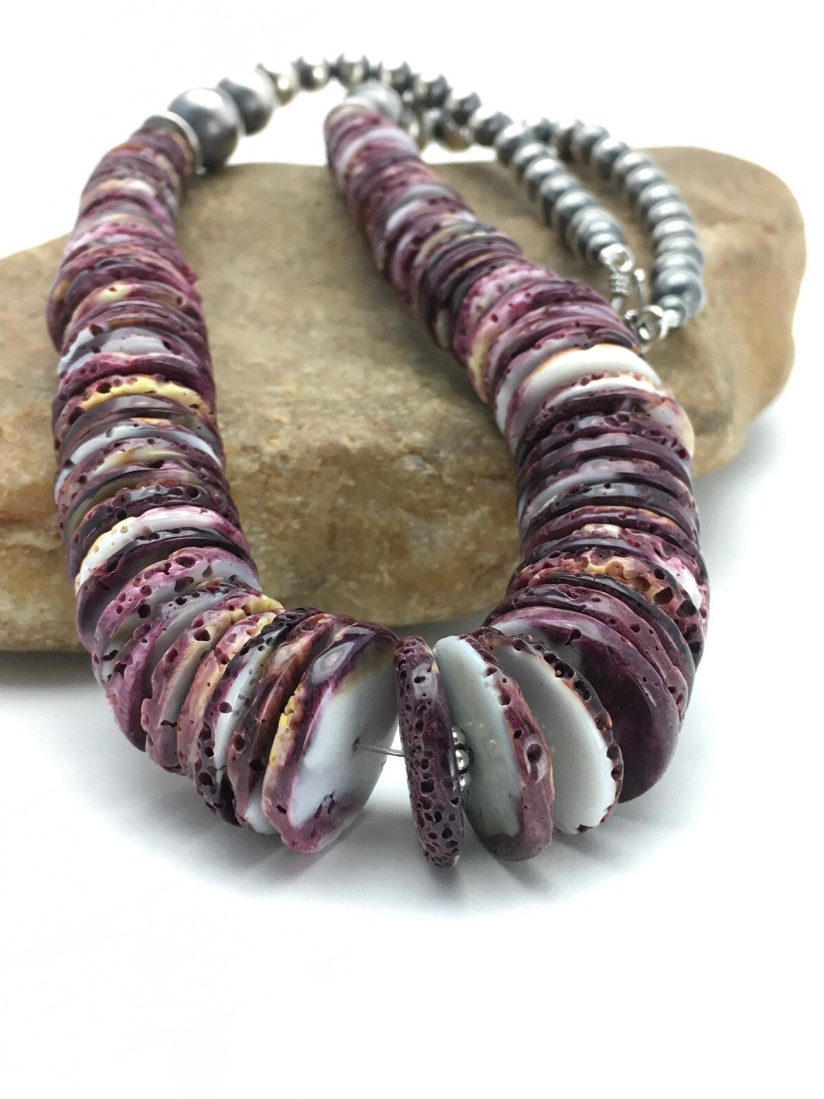 Purple Spiny Oyster Navajo Sterling Silver Beads Necklace 23" 02656