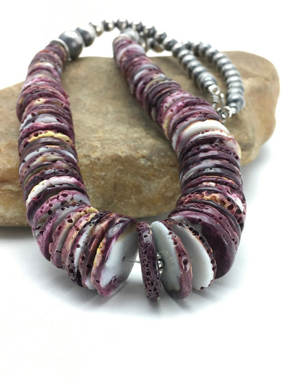 Purple Spiny Oyster Navajo Sterling Silver Beads Necklace 23" 02656