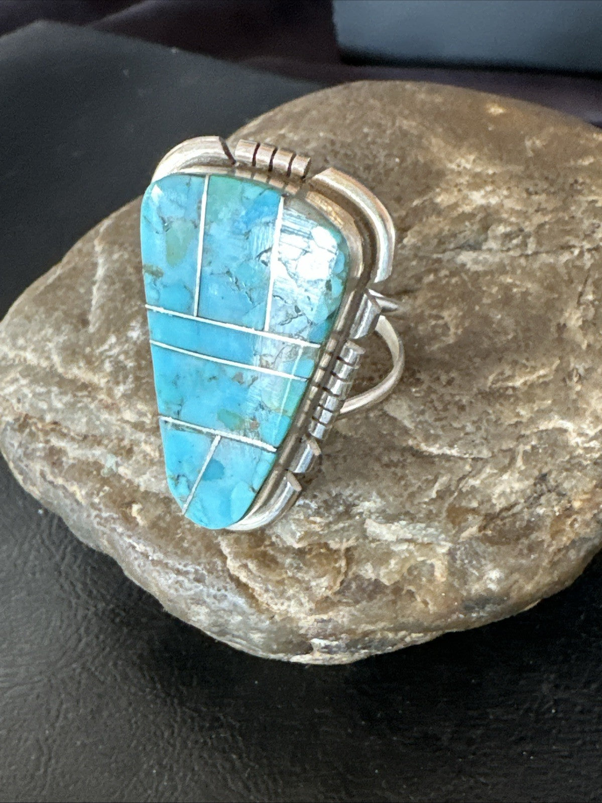 Blue Turquoise Navajo Inlay Sterling Silver Ring Size 11 19782