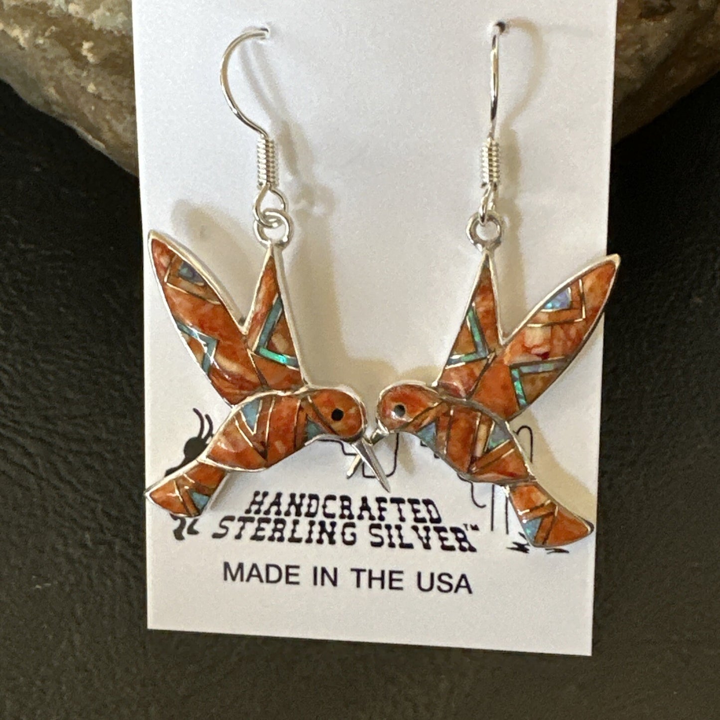 Orange Spiny Oyster Opal Sterling Silver Hummingbird Dangle Earrings 18552