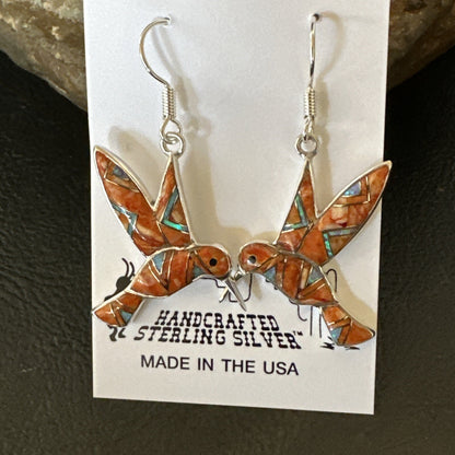 Orange Spiny Oyster Opal Sterling Silver Hummingbird Dangle Earrings 18552