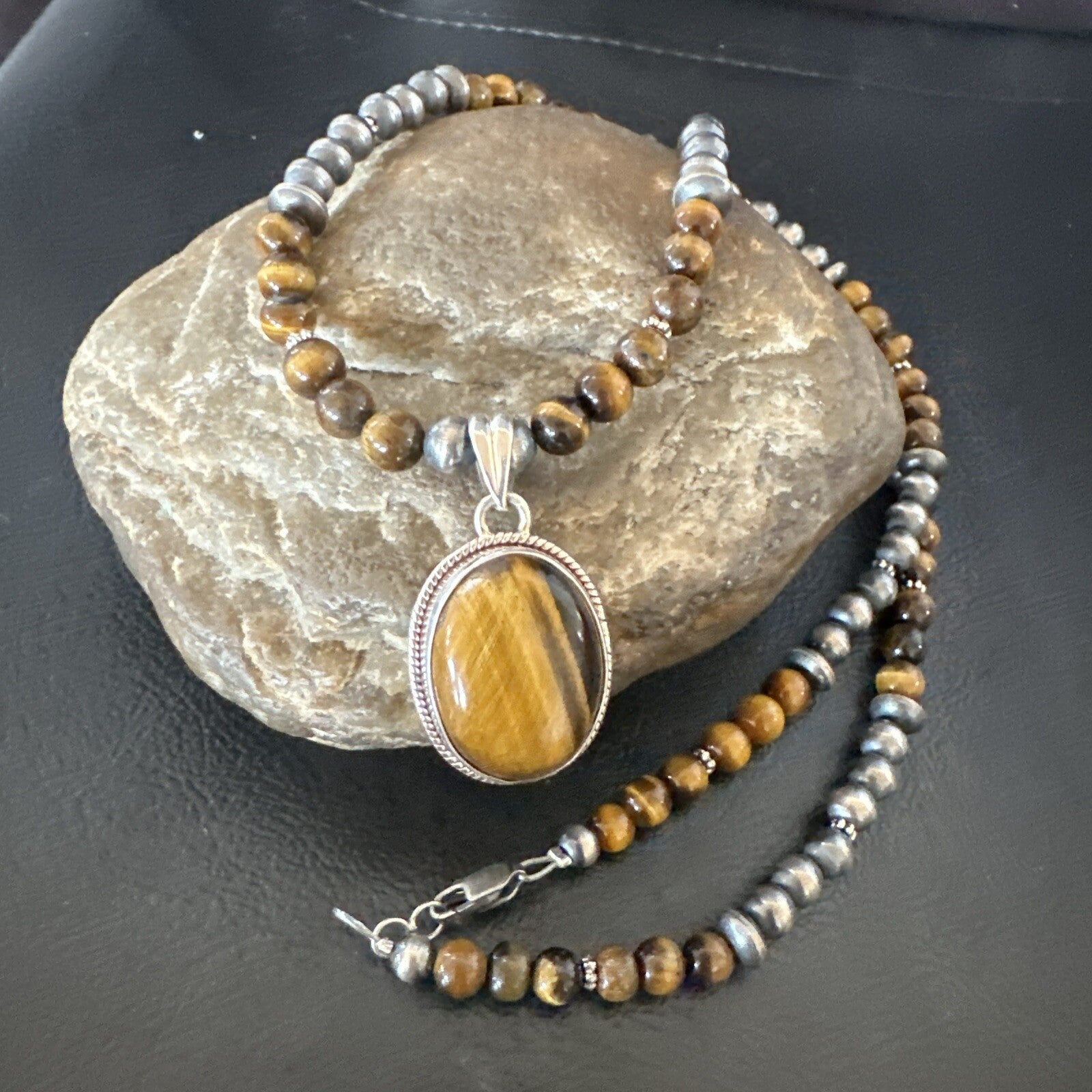 Coffee Brown Tigers Eye Sterling Silver Pendant Necklace Southwestern 18282