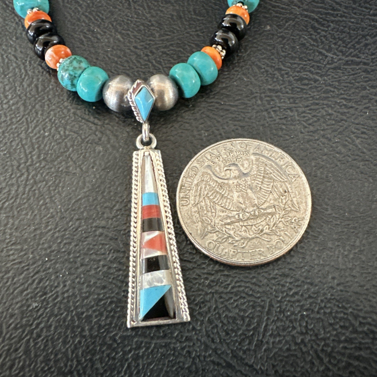 Multicolor Turquoise Spiny  Zuni Sterling Silver Inlay Pendant Necklace 19664