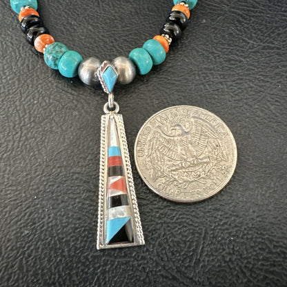 Multicolor Turquoise Spiny  Zuni Sterling Silver Inlay Pendant Necklace 19664
