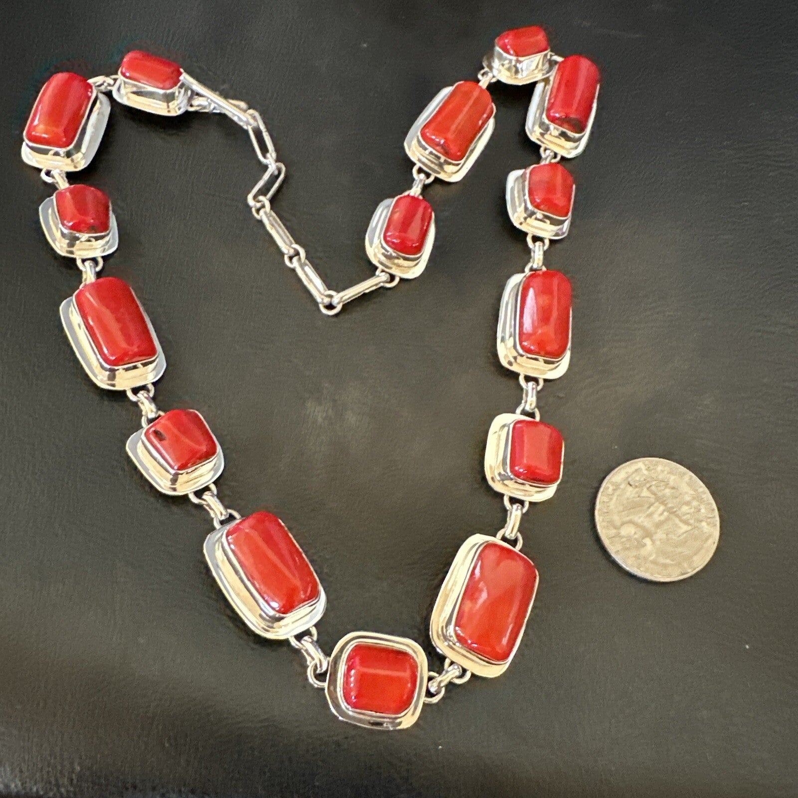 Handmade Women Red Coral Choker Necklace Pendant Sterling Silver 20” 18411