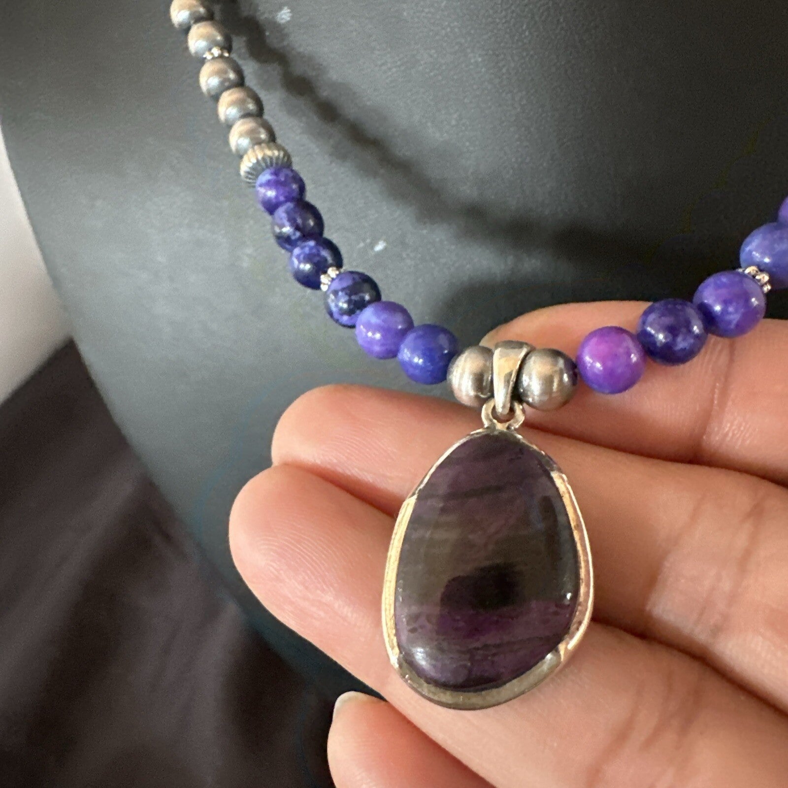 Purple Stone Pendant Navajo Pearls Sterling Silver Necklace 23" 17894