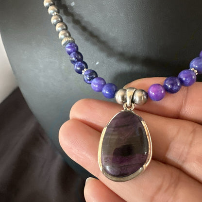 Purple Stone Pendant Navajo Pearls Sterling Silver Necklace 23" 17894