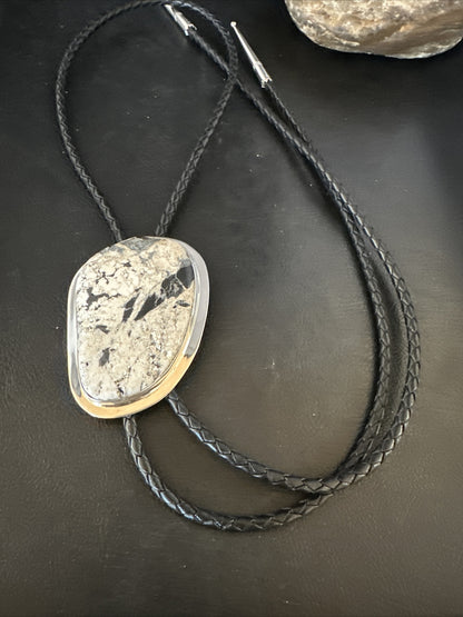 Mens BOLO TIE WHITE BUFFALO TURQUOISE Sterling Silver Navajo 2.5 in 15005