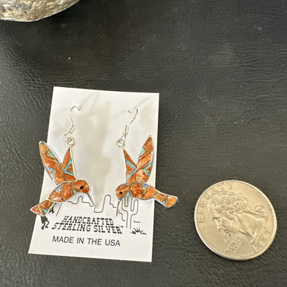 Orange Spiny Oyster Opal Sterling Silver Hummingbird Dangle Earrings 19133