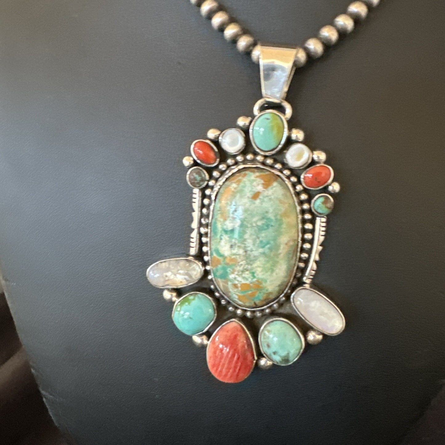 XL Royston Turquoise Spiny Cluster Pendant Navajo Sterling Silver Necklace 18750
