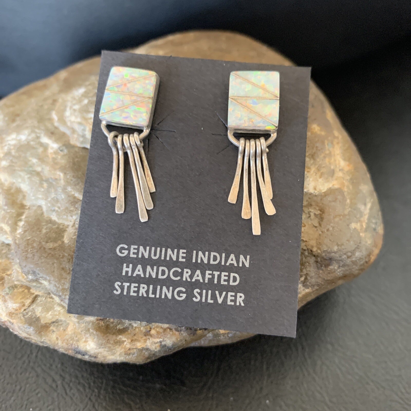 Womens White Opal Inlay Navajo Sterling Silver Dangle Post Earrings 0.5" 12765