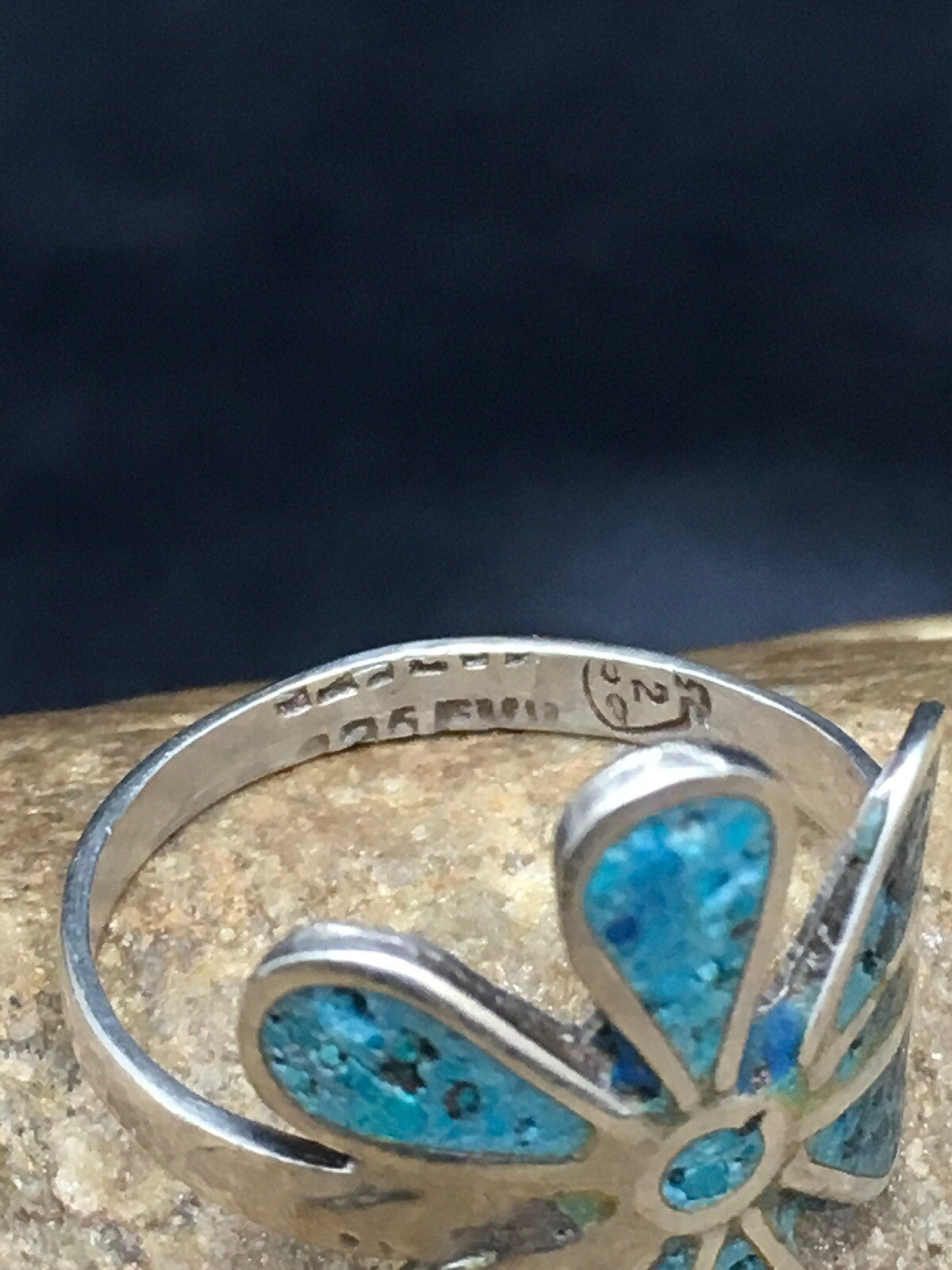 Navajo Blue Turquoise Flower Ring Sterling Silver 6.75 03076