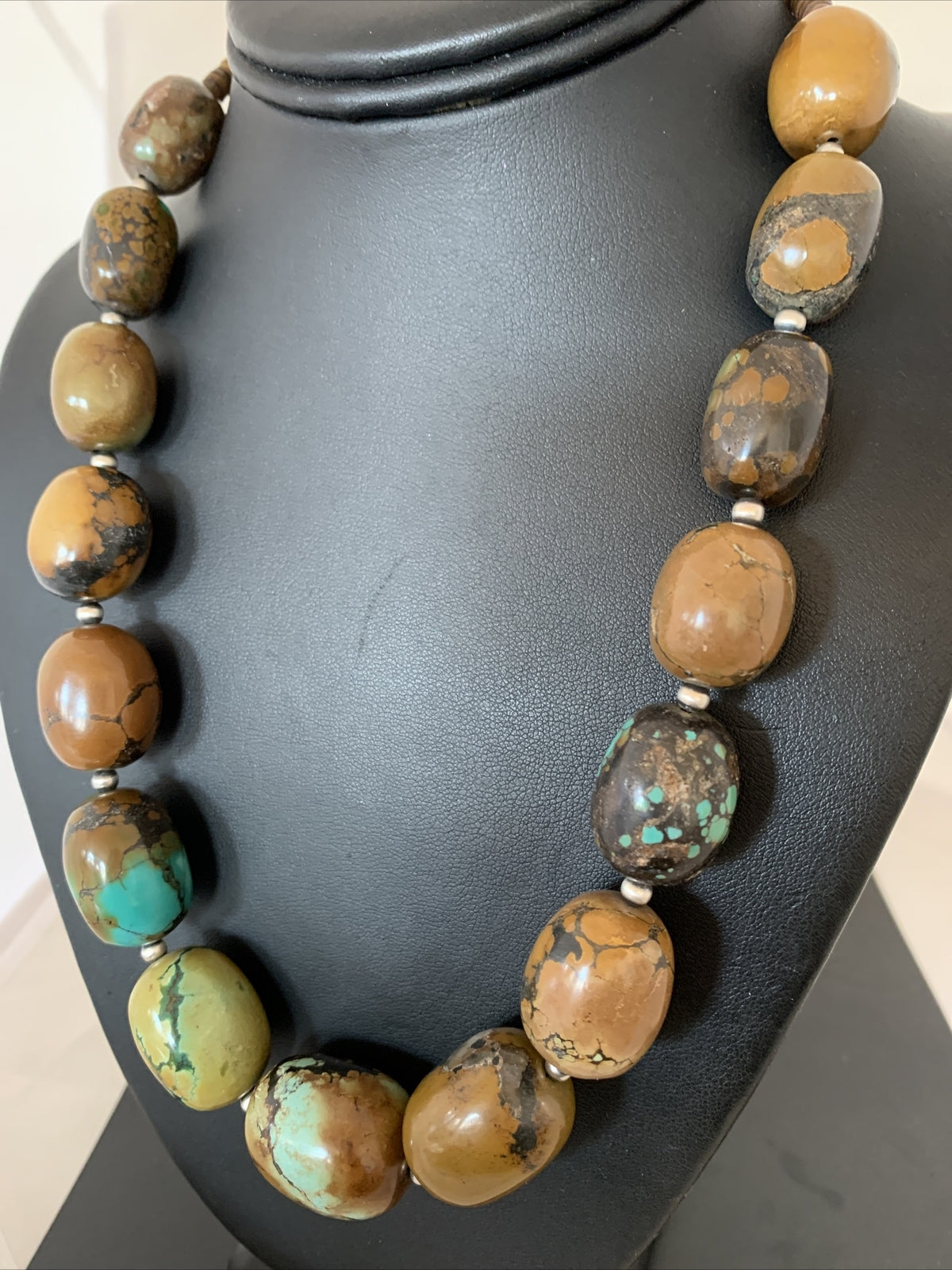 Green Chunky Turquoise Graduated Navajo Sterling Silver Necklace 20" 02113