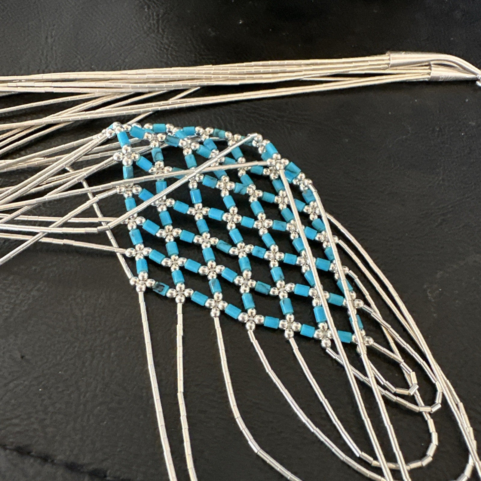 Turquoise Heishi Tubes Pendant 7 Strand Liquid Sterling Silver Necklace 19748