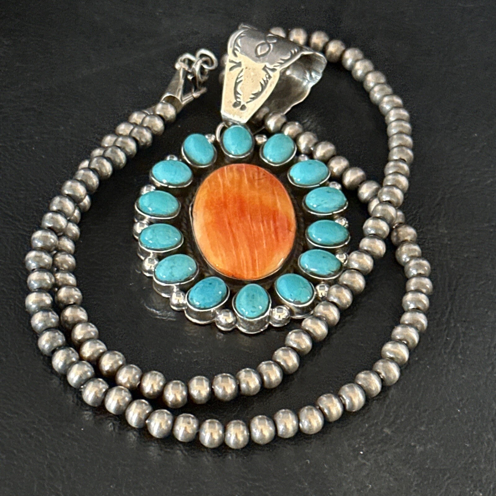 Blue Cluster Kingman Turquoise Sterling Orange Spiny Oyster Pendant 14278
