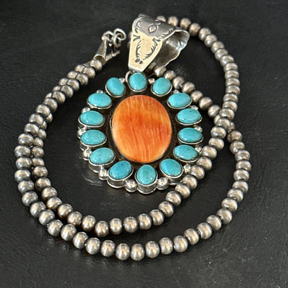 Blue Cluster Kingman Turquoise Sterling Orange Spiny Oyster Pendant 14278
