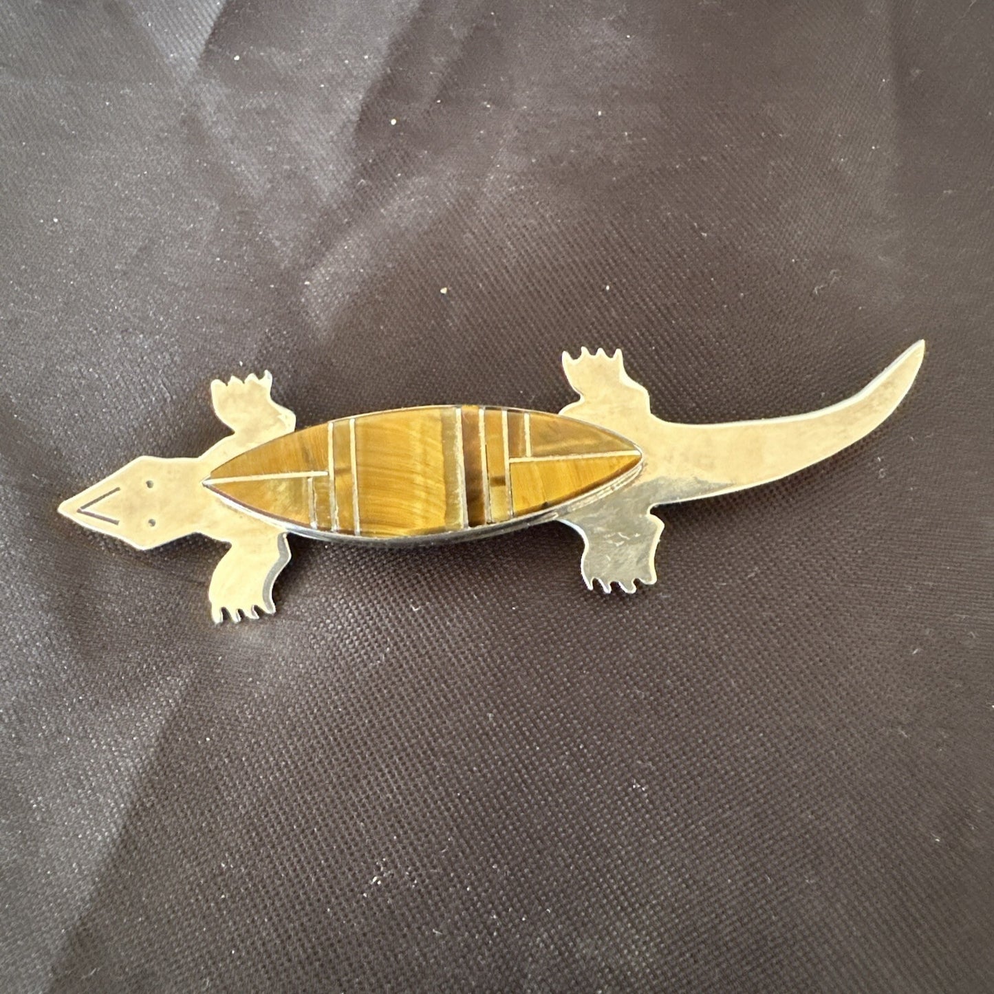 Coffee Brown Tigers Eye Navajo Gecko Sterling Silver Inlay Lizard Pin 3� 17950