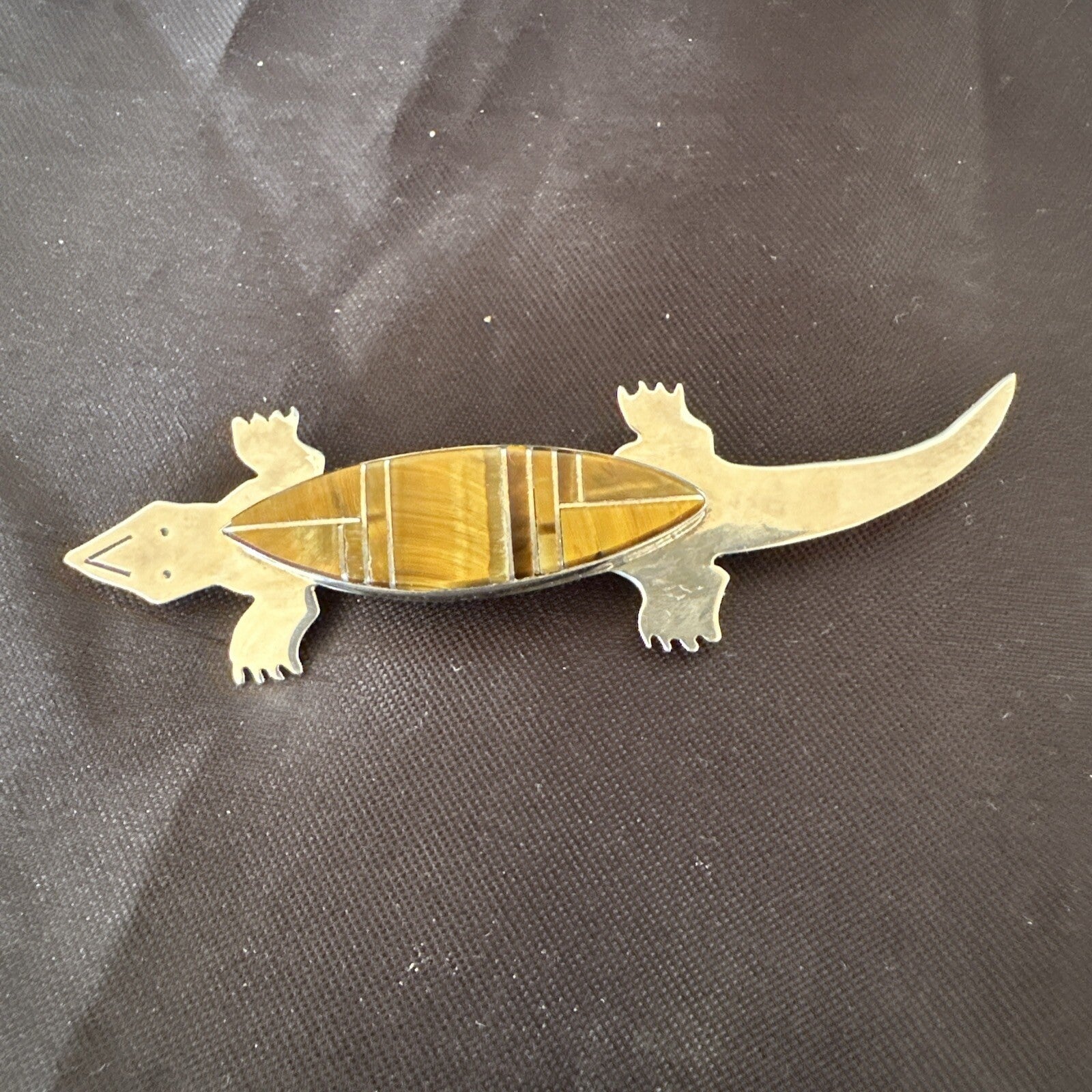 Coffee Brown Tigers Eye Navajo Gecko Sterling Silver Inlay Lizard Pin 3� 17950