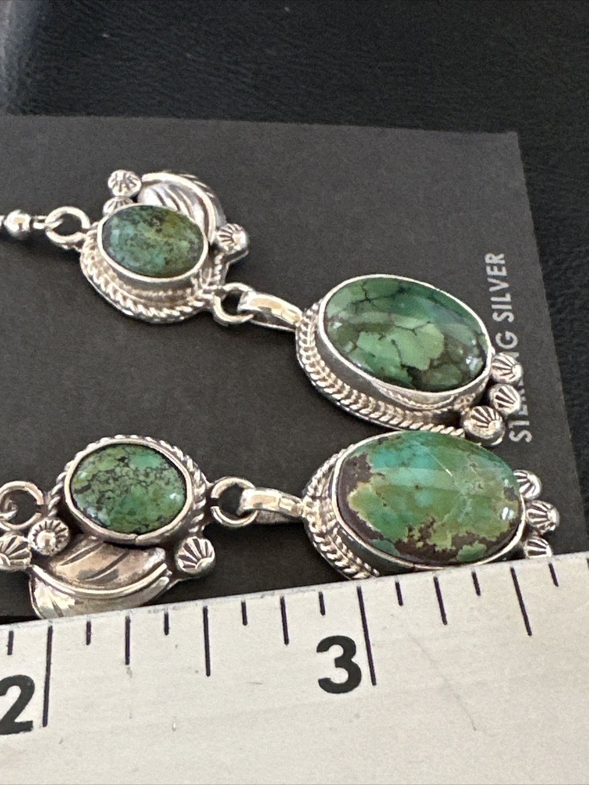 Native Navajo Green Turquoise Sterling Silver Dangle Earrings 2” 17696