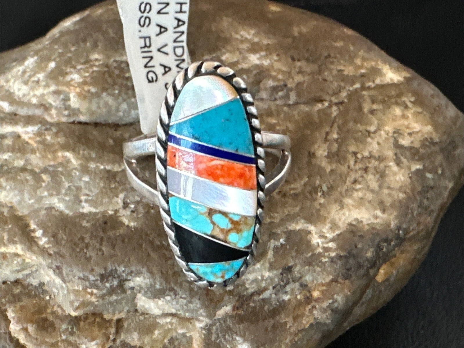 MultiColor Navajo Sterling Turquoise Spiny Oyster Inlay Ring Sz 8.5 18705