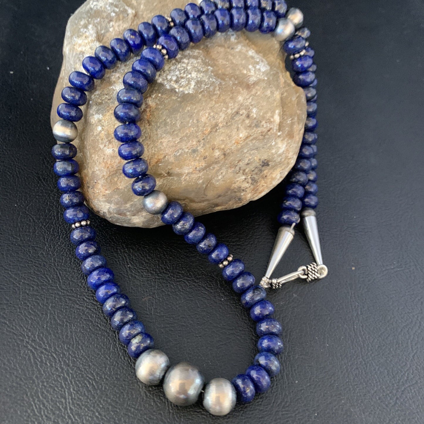 Mens Blue Lapis Lazuli Navajo Pearls Sterling Silver Necklace 24” 13956