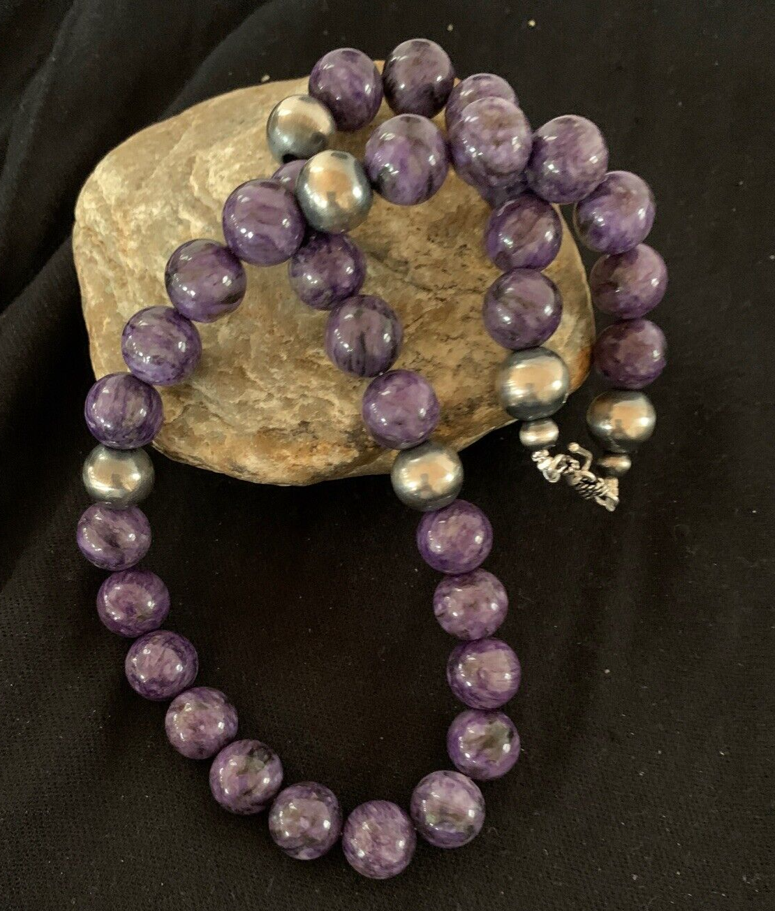 Purple Stone Bead Navajo Pearls Sterling Silver Necklace 04660