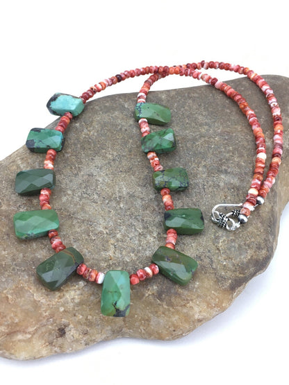 Spiny Oyster & Faceted Turquoise Navajo Sterling Silver Necklace 20" 04917